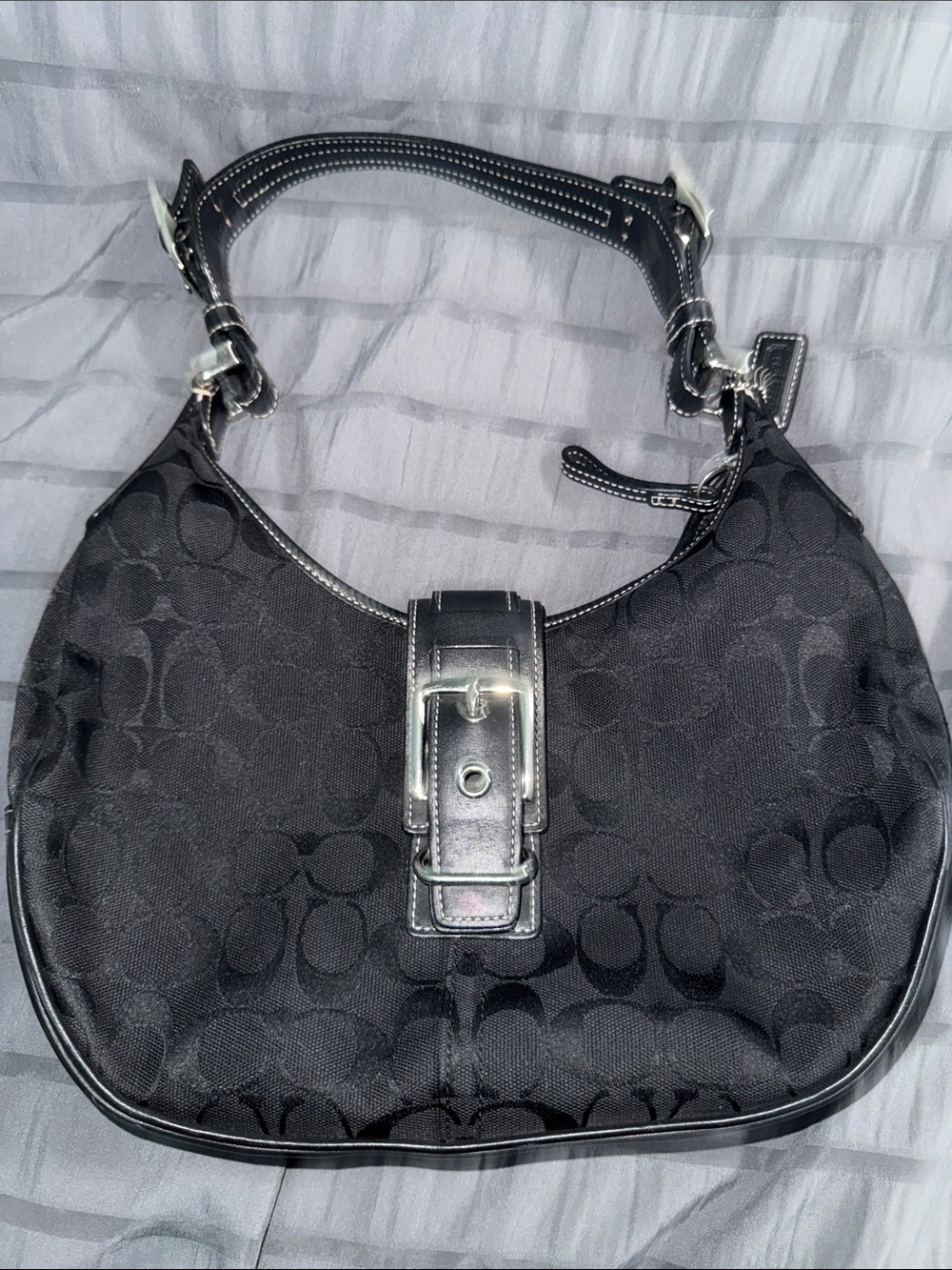 Coach Black Signature Jacquard Shoulder Bag with Buckle